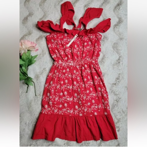 ASOS Red Ruffle Cold Shoulder Embroidered Dress - Picture 4 of 6